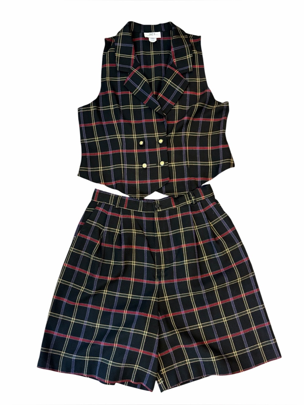 VTG Tofy Holiday University Dark Academia Tartan Plaid Vest + Shorts Set Size 14